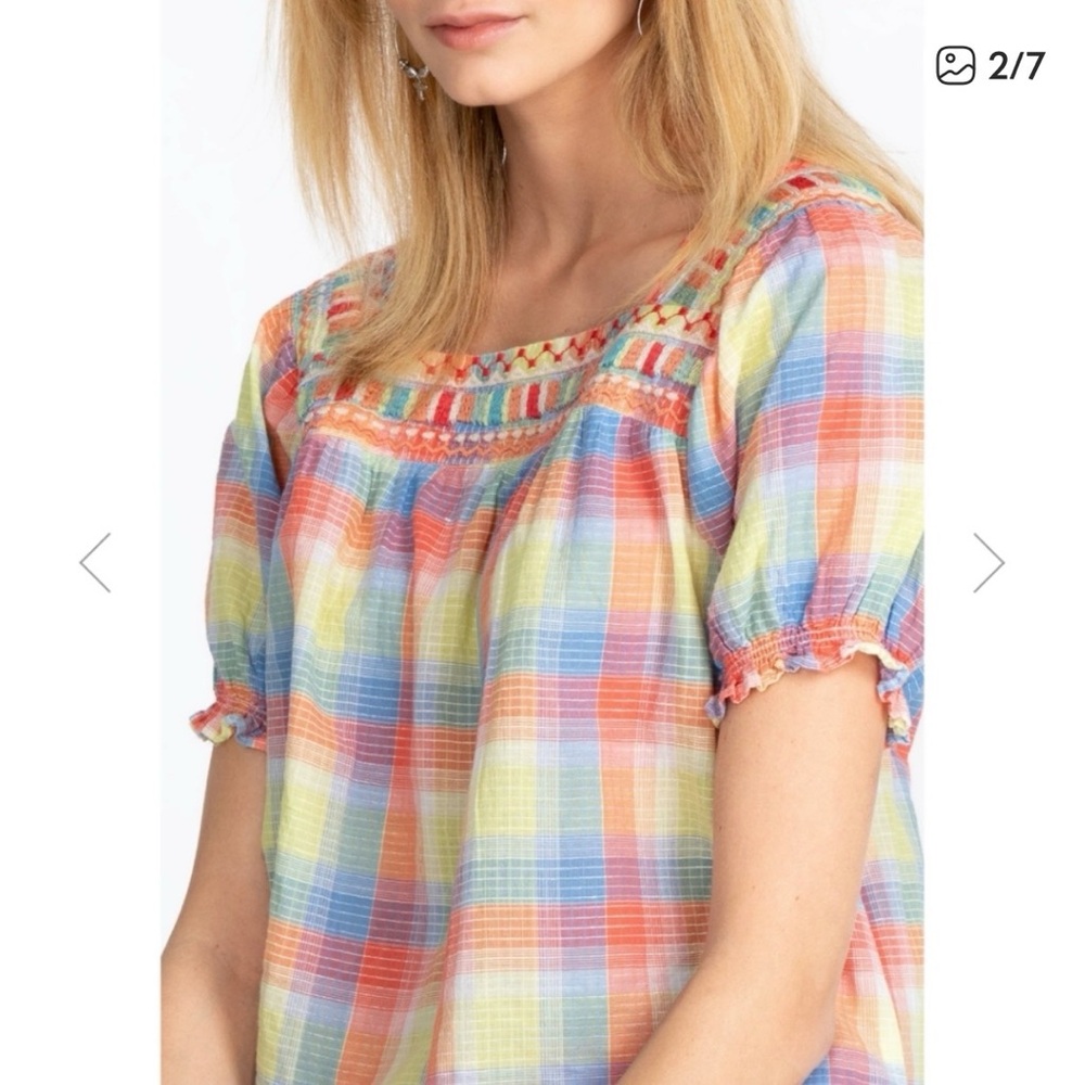 Johnny Was Workshop Multicolor Plaid Blouse, Size XS